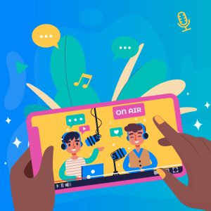 What Audio Producers Need to Know About Video, featuring a graphic of a person holding a phone and watching a video podcast where two other cartoon people are recording in a studio.